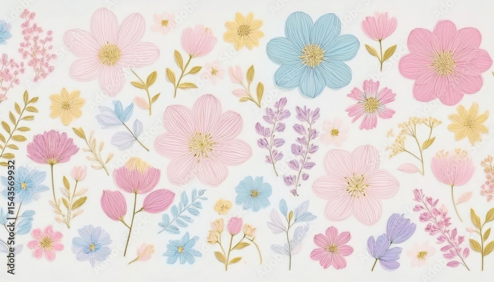 Obraz premium pastel floral pattern with delicate paper textured flowers and leaves in pink, blue, lavender, and gold tones for stationery, fabric print, or branding design