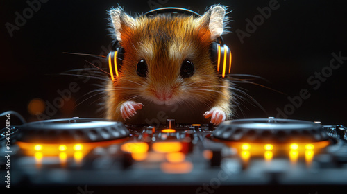 A hamster DJ, wearing headphones, sits atop a DJ mixer, illuminated by orange lights
