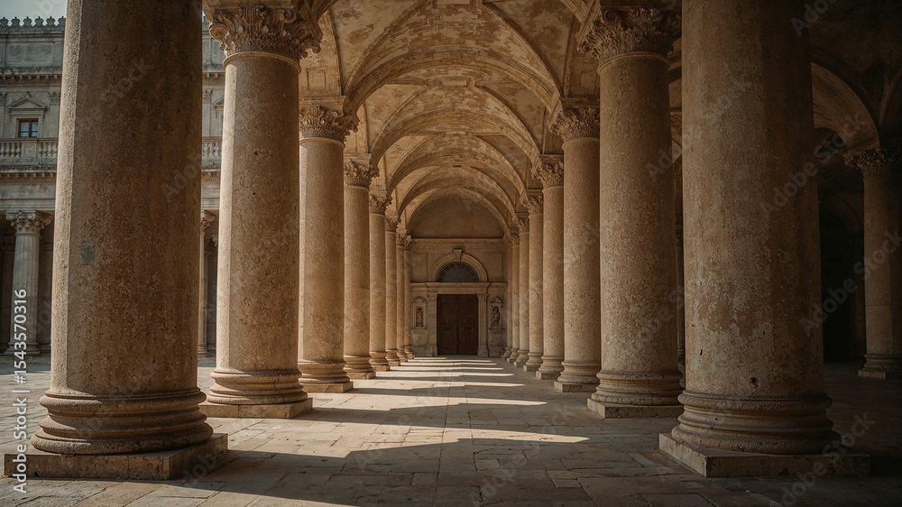 Obraz premium Majestic colonnade leading to ancient doorway in historical building