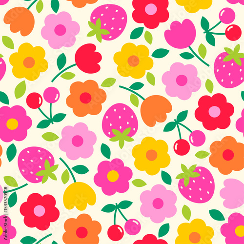 Cute strawberry, cherry and flower seamless pattern design for spring season background.