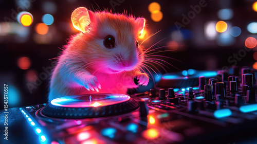 Cute mouse DJ mixes at a vibrant nightclub