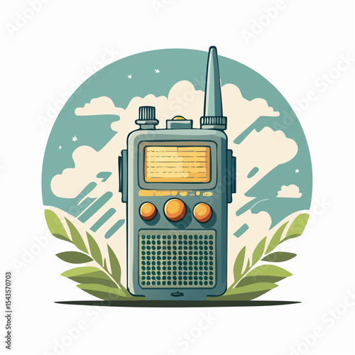 A whimsical illustrated walkie-talkie design with a stylized sky and nature background