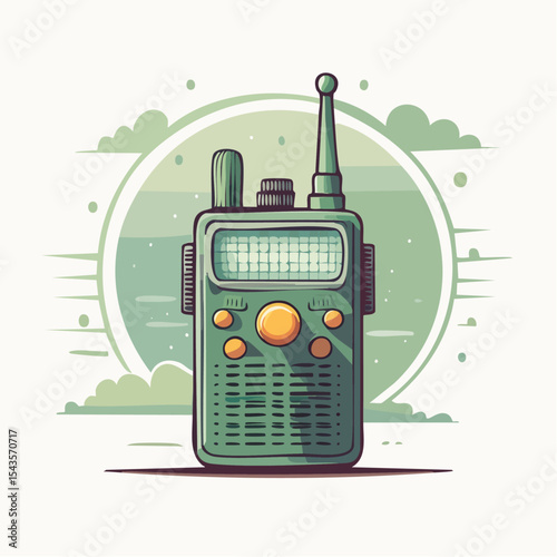 An illustrated green walkie-talkie design with antenna and buttons on a light background