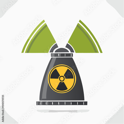 Cartoon illustration of a nuclear reactor with radiation symbol on a white background