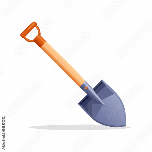Cartoon illustration of a shovel with a wooden handle leaning against a white surface