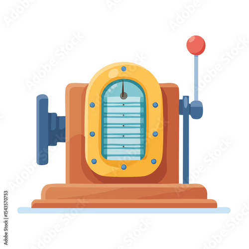 Colorful cartoon illustration of a retro machine with a lever and gauge display.