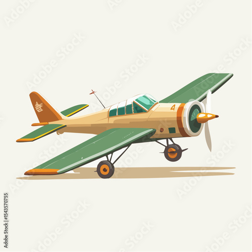 Colorful illustration of a small vintage airplane with green wings and propeller