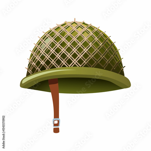 Illustrated green military helmet with netting and chin strap on a white background