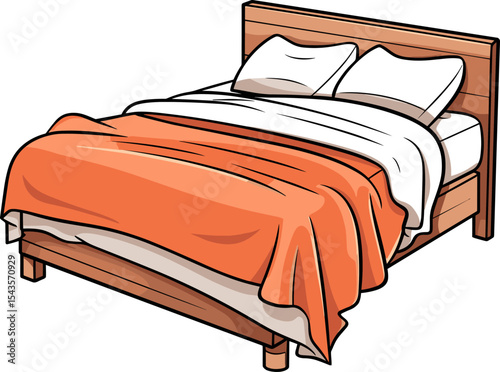 Cozy Bed in Bedroom: Illustrative depiction of an inviting, comfortable bed with a warm, orange blanket, soft pillows and a classic wooden frame, offering a sense of relaxation and tranquility.