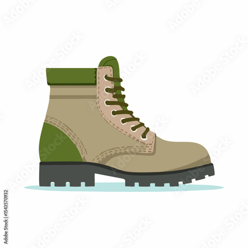 Illustrated side view of a sturdy hiking boot with green accents and a lug sole