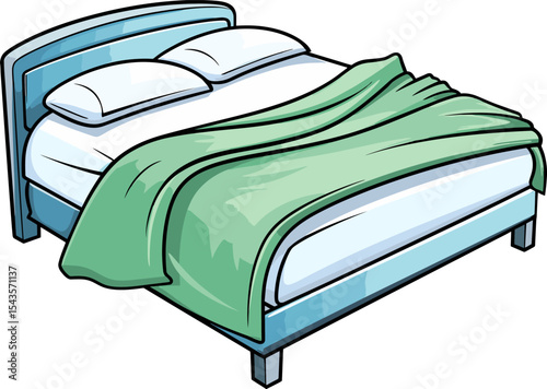 Cozy Bedding Arrangement: A comfortable and inviting bed, neatly made with a soft, green blanket and fluffy white pillows, epitomizing a tranquil setting for restful sleep.