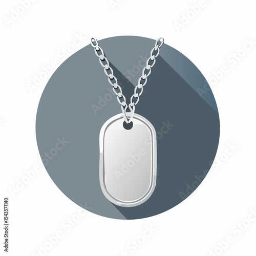 Vector illustration of a metallic dog tag pendant with a shiny chain in a flat design