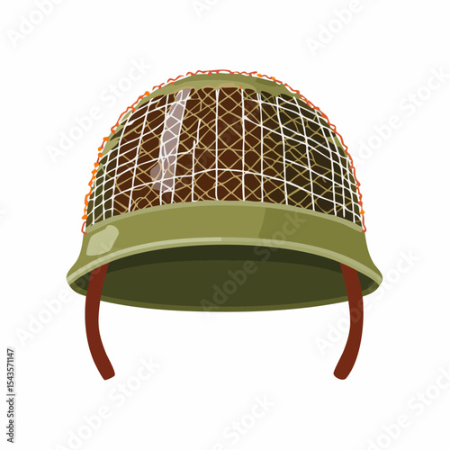 Vector illustration of a military helmet with a camouflage net and chin strap on white