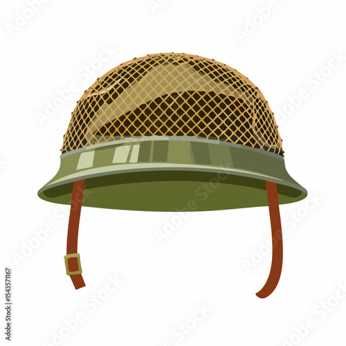Vector illustration of a military helmet with a camouflage net and chin strap