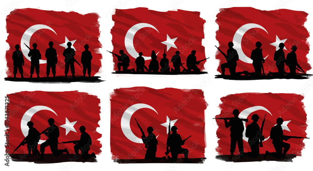 Naklejka premium Turkey's Strength and Resilience A Collection of Illustrations Featuring Turkish Soldiers Against the Backdrop of the Turkish Flag