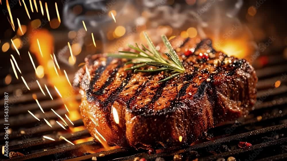 Delicious grilled steak with rosemary grilling on barbecue flaming grill