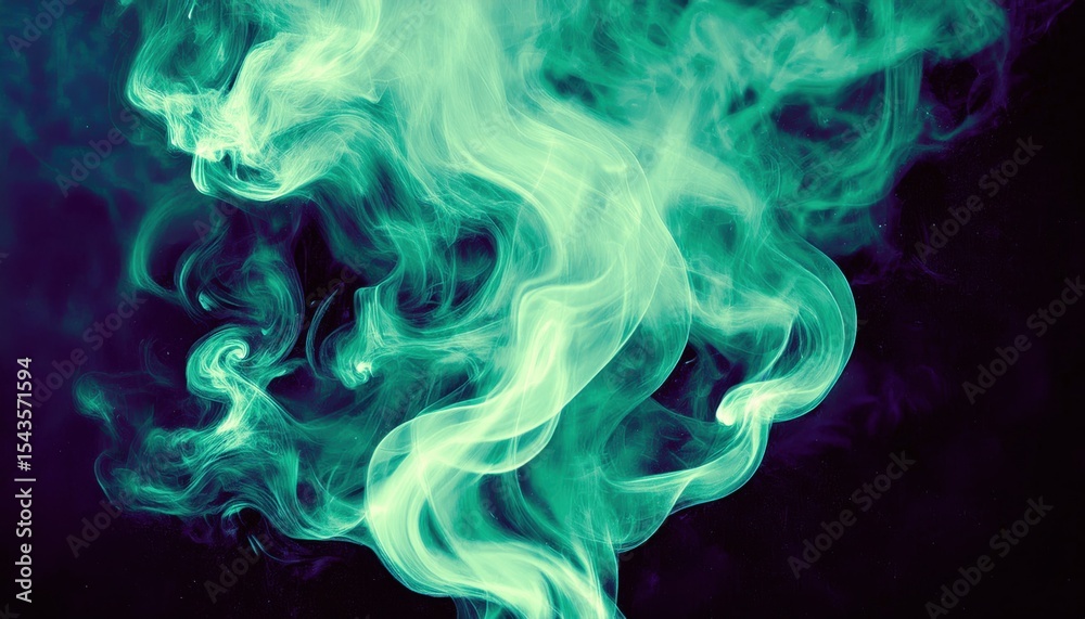 Fototapeta premium vibrant green smoke swirl on deep blue black background for surreal design use in digital art, album cover, web banner, poster, or abstract branding asset