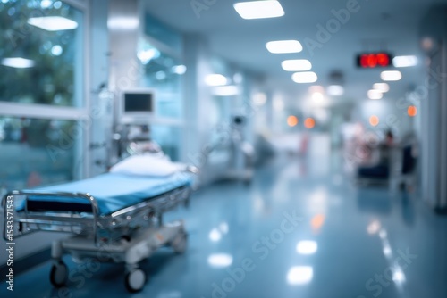 Blurred background of hospital ward featuring hospital bed with blue sheet, conveying sense of calm and care in medical environment