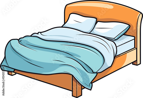 Cozy Bed Illustration: An inviting, neatly made bed with a light blue blanket and soft pillows, offering a sense of comfort and relaxation.