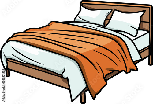 Bedtime Comfort: Cozy wooden bed, adorned with fresh pillows and an orange blanket, perfectly captures the essence of restful relaxation and home interior comfort.
