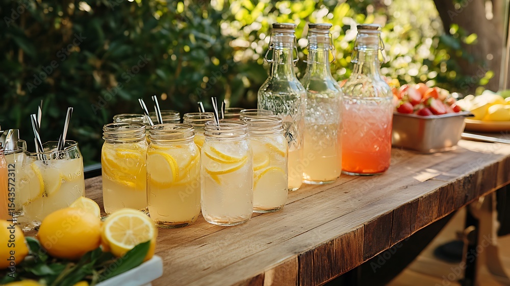 Fototapeta premium Party drink station with small bottles and homemade lemonade