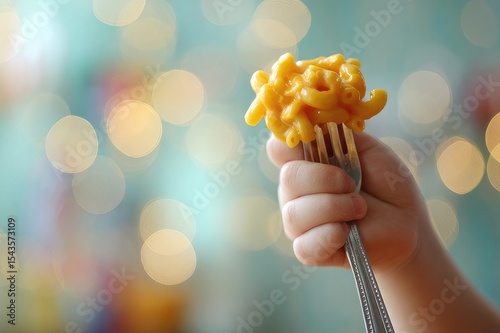 Child’s hand holding fork with cheesy macaroni