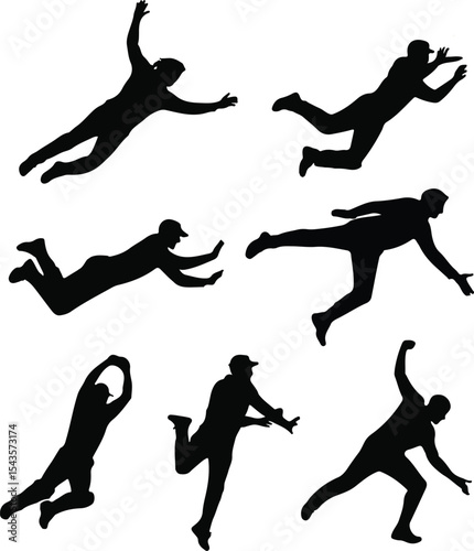 Silhouetted baseball players diving and reaching in various dynamic catching poses