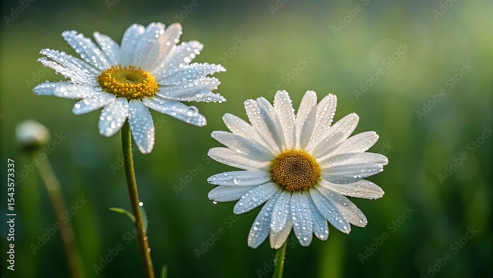 Fototapeta premium Delicate white daisies covered in morning dew.