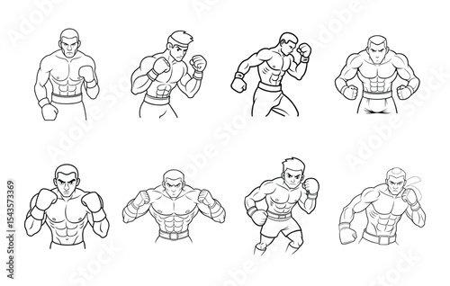 Silhouette boxing player set, Vector illustration black and white