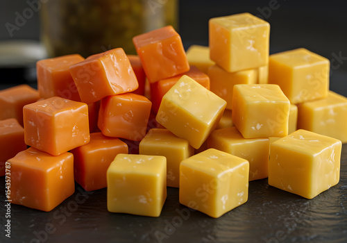 Pile of Orange and Yellow Cheese Cubes on Dark Surface