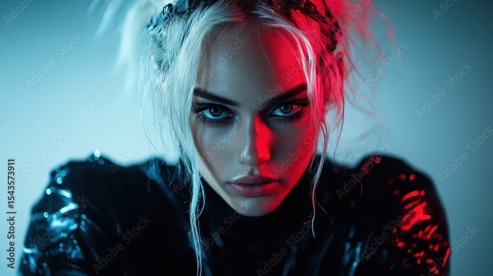 Fototapeta premium A striking portrait of a woman illuminated with red and blue lights, capturing her beauty and emotions in a captivating, artistic style that evokes fascination and allure.