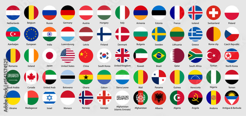 Collection of world national flags with country names. World country flags set. Round national flags of different countries including USA, India, Japan, UK, China, and more. Vector illustration.