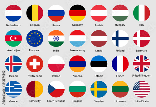 Collection of world national flags with country names. Set of rounded international country flags. Including USA, UK, India, Germany, France, and others. Vector illustration.