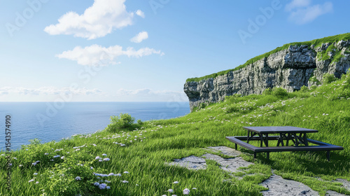 Serene landscape featuring grassy bluff overlooking calm ocean, with wooden picnic table set against backdrop of blue skies