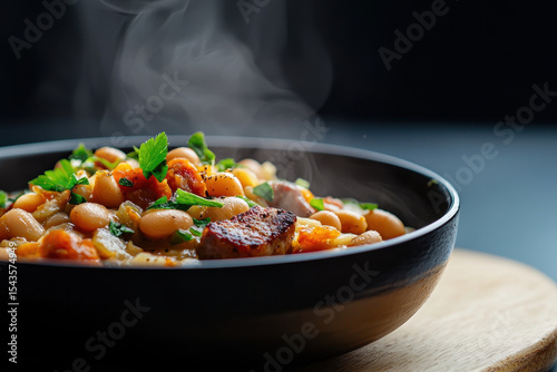 Steaming bowl of hearty cassoulet filled with beans, meat, and fresh herbs, evoking warmth and comfort