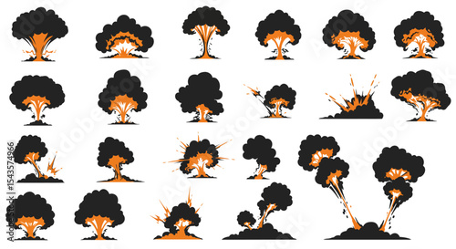 A Variety of Explosion Shapes Made from Pixel Art that Shows Different Angles of Ground and Sky Destruction