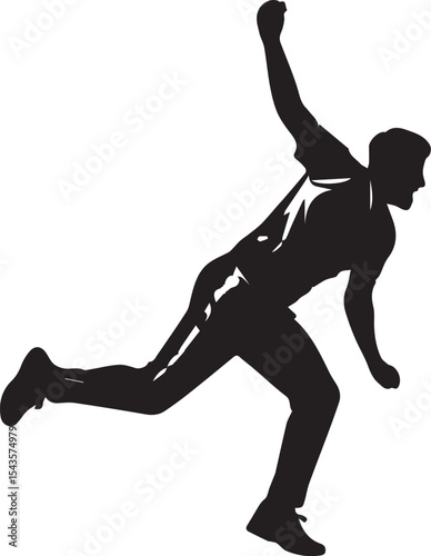 Silhouette of a cricket bowler in action delivering a ball with powerful movement