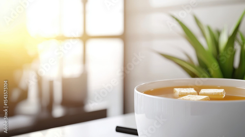 Photorealistic image of bowl of miso soup with tofu cubes, warm and inviting, set against bright background