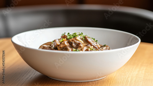 Delicious bowl of stroganoff featuring tender meat and creamy sauce, garnished with fresh herbs, perfect for comforting meal
