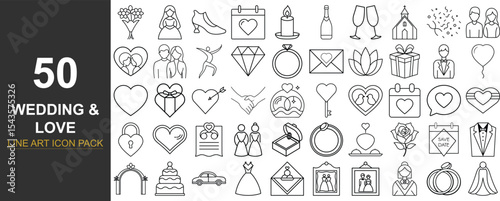 50 Romantic Wedding and Love Line Art Icons Including Engagement Symbols, Romantic Gestures, Ceremony Decor, and Couple Illustrations for Digital Design, Stationery, and Printables
