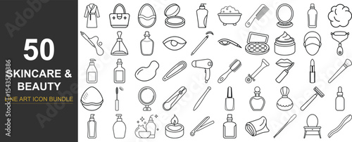 50 Line Art Vector Icons of Beauty and Skincare Products Including Makeup Tools, Hair Styling, Facial Care, and Cosmetic Essentials for Salon Branding, UI Kits, and Product Packaging Design