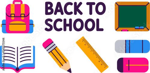 Back to school icon set with books pencil bell backpack marker and blackboard in colorful flat design  