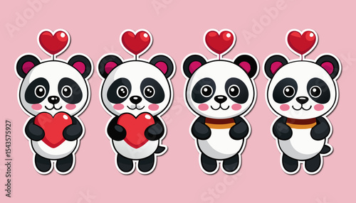 Four Cute Panda Bears with Red Hearts on a Pink Background cartoon happy love for valentine