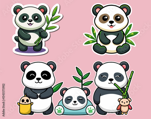 Three Adorable Cartoon Panda Bears with Bamboo. vector panda stickers  on a Light Blue Background  