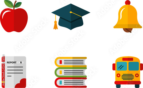 Stack of books apple graduation cap school bell and bus vector elements for educational layout  
