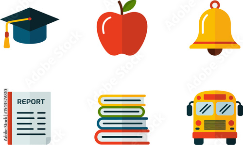 Stacked report card books apple cap bell and school bus icons for academic learning poster  