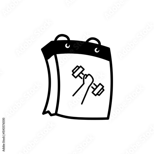 Simple icon of a calendar with a hand holding a dumbbell, representing workout scheduling, fitness planning, or gym appointments.