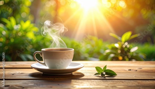 Relaxing Morning Coffee Outdoors: Steaming hot cup on a wooden table with sunlit nature background.