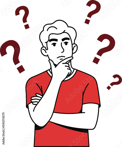 Minimalist Cartoon Illustration of Thoughtful Male Character with Question Marks and Clean Design