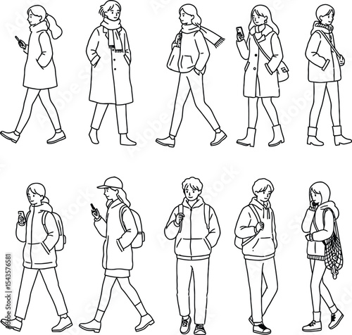 Minimalist Walking Character Illustration Set in Grid Layout Featuring Urban Line Art Silhouettes